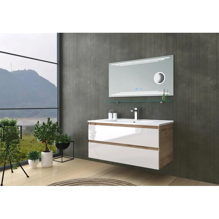 Homeline Badmöbel Set Eiche/Weiß Leonard Hochglanz/90cm Spiegel incl LED (90, 4, 0X Seitenschränke) – Bild 1