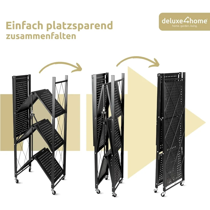deluxe4home Mehrzweckregal Klappregal rollbar in schwarz I Rollregal klappbar Küchenregal, Faltregal mit Rollen – Bild 3