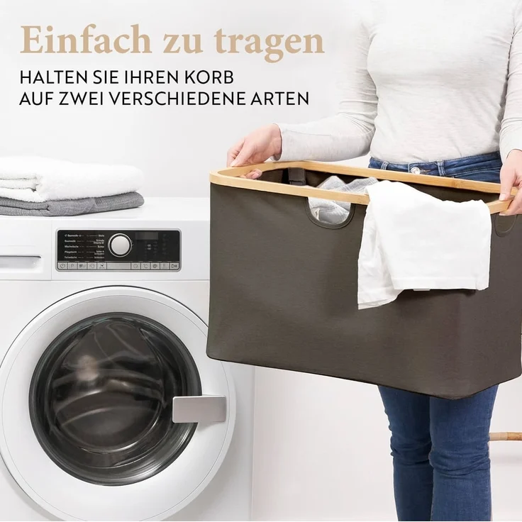 HENNEZ Badezimmerregal 2 Fächer | Bambusregal mit Ablage und 2 Körben | Badregal mit Schubladenboxen | Standregal – ideal als Kommode & Wäschesammler | Wäschesortierer mit Stoff Schubladen | Holzregal – Bild 5