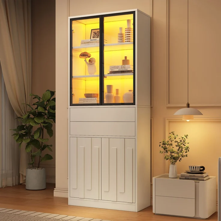 70×34×180cm LED Display Vitrine mit 2 Schubladen , Hochschrank mit Glasschranktüren, Hochschrank Glasvitrine mit LED ,Wohnzimmerschrank mit Glastüren, Küche, Arbeitszimmer, Eingangsbereich,Weiß – Bild 2