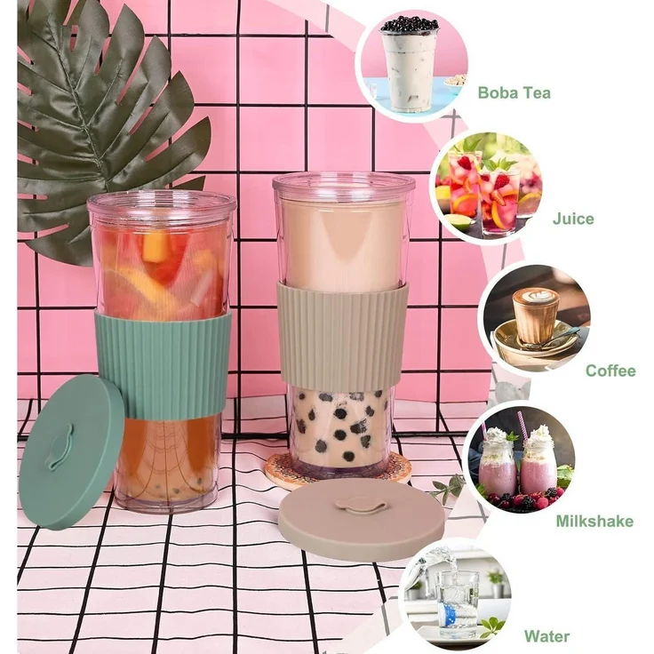 Bubble Tea Becher 24oz mit Deckel Strohhalm Grün Kaffee 2er Set – Bild 2