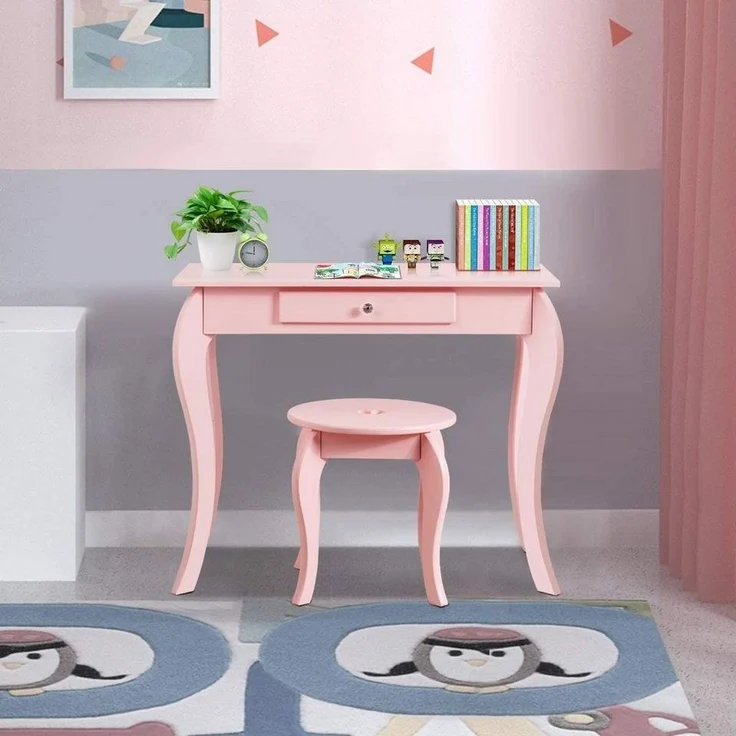 COSTWAY Kinder Schminktisch mit Hocker und abnehmbarem Spiegel, Holz pink, 34 x 70 x 105 cm – Bild 2