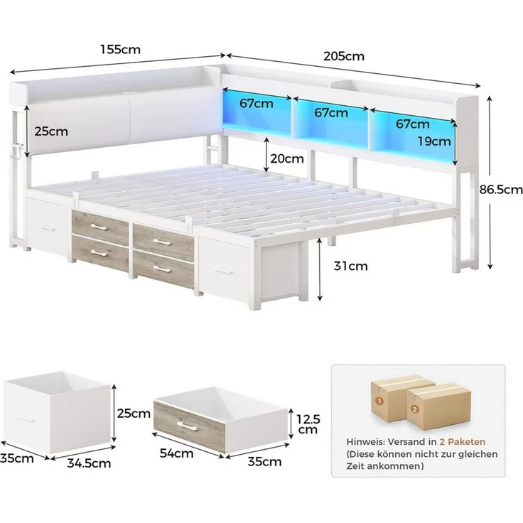 MSMASK Daybett Tagesbett Schlafsofa mit LED-Beleuchtung & Ladestation, Jugendbett mit 6 Staufächern und 6 Schubladen – Liegefläche 140x190 cm – Bild 2