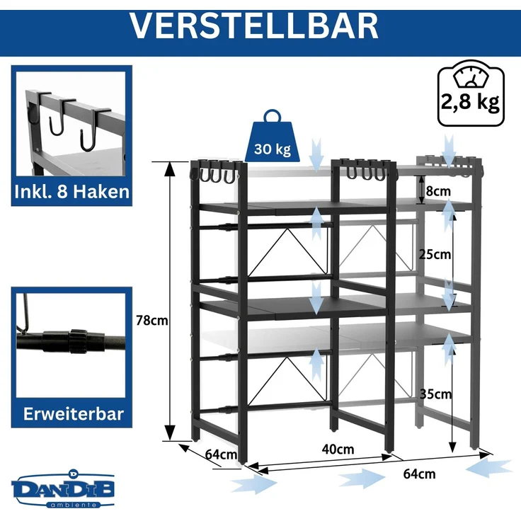 DanDiBo Verstellbares Küchenregal für Arbeitsplatte Schwarz Stehend 3 Stufig 40-64 cm Regal Küche 96614 Standregal – Bild 2