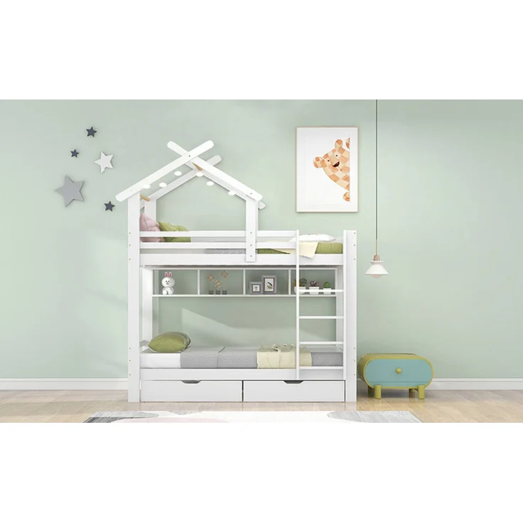 Merax Etagenbett mit Schubladen und Regalen, Hausbett mit dreistufige rechtwinklige Leiter, Kinderbett mit Fallschutz und Gitter, Rahmen aus Kieferholz, Weiß (90x200cm) – Bild 5