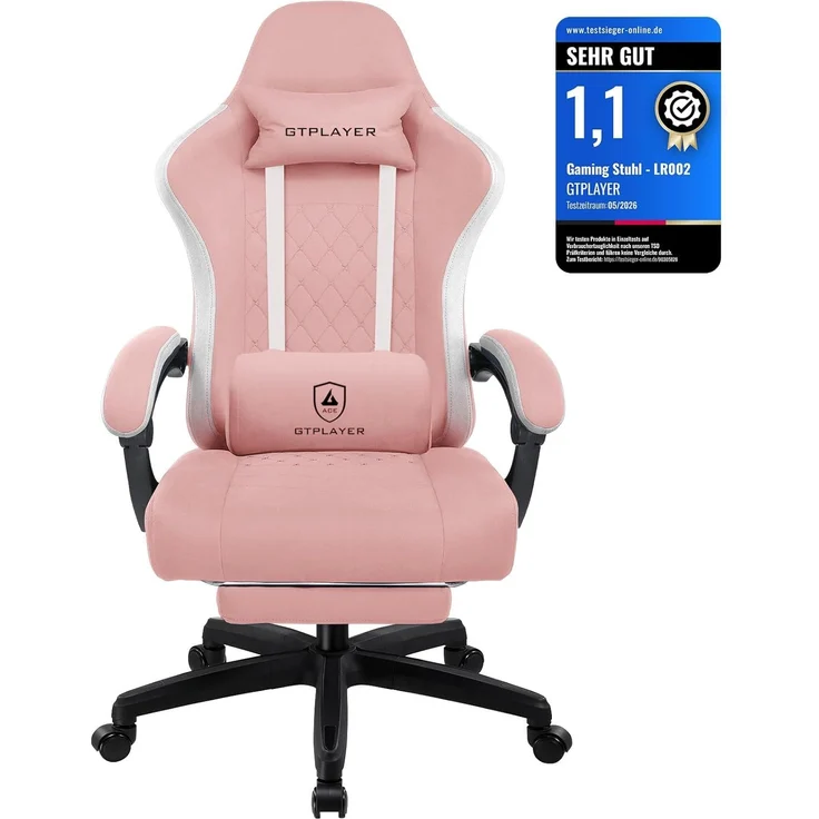 GTPLAYER Gaming Stuhl Ergonomischer Gaming Sessel Schreibtischstuhl mit Stoffoberfläche, Federsitzkissen, Verbindungsarmlehnen und Fußstütze ROSA – Bild 1