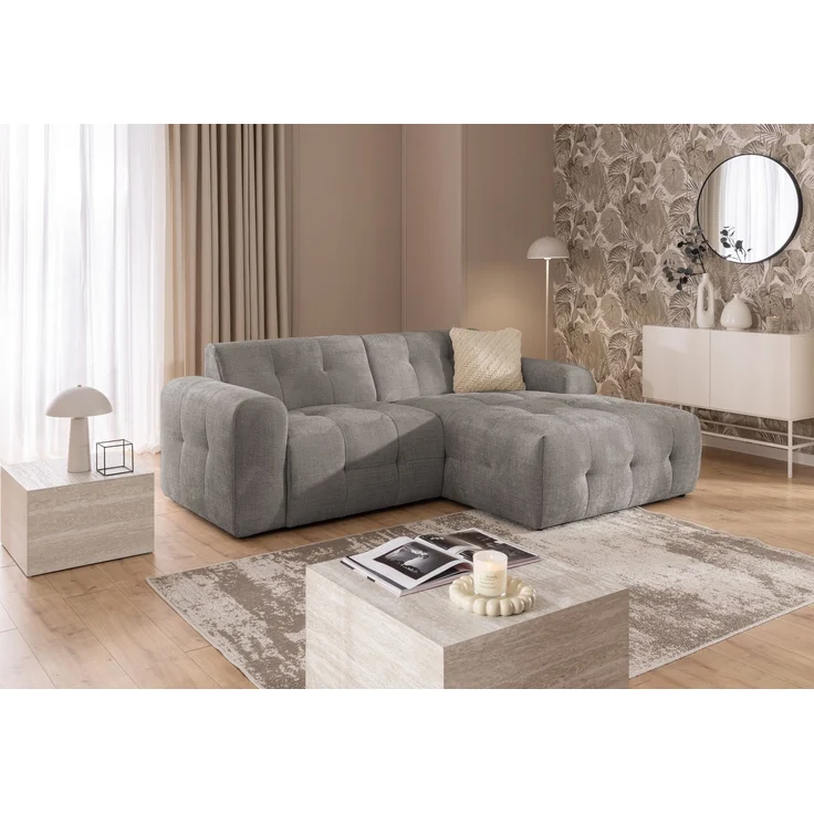 Modernes Ecksofa mit Ottomane rechts, markante Steppungen, Chenille Braun Taupe, 234 x 161 x 79cm – Bild 3