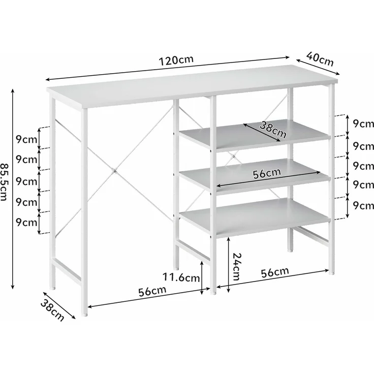 ZUBALIYA Ablagetisch 120 x 40 x 85,5 cm – flexibel montierbare Regale, Metallrahmen mit X-Verstrebung, höhenverstellbare Standfüße, MDF, Metall, Weiß – Bild 7