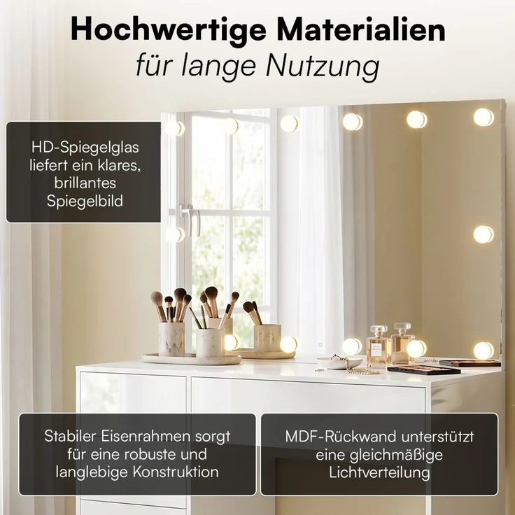 Bellamio 'Livny' Schminkspiegel mit LED-Glühbirnen, dimmbar, Hollywood Spiegel mit 3 Lichtfarben, weiß, 110x70 cm, inkl. Touch-Screen (mit Wandbefestigung) – Bild 5