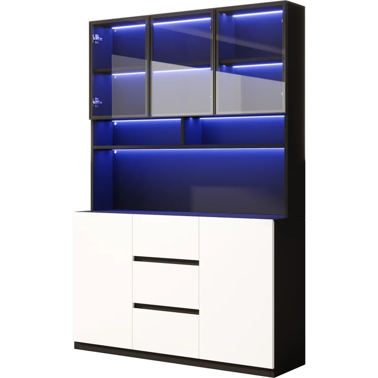 Flieks LED Vitrine 120 x 38 x 200 cm, Küchenbuffet, grauen Glastüren, offenen Fächern, 2 Türen und 3 Schubladen, Schwarz-Weiß – Bild 6