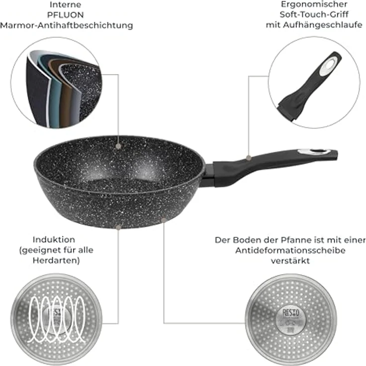 RESTO Kitchenware Bratpfanne Antlia, tiefe Pfanne mit ergonomischem Soft-Touch-Griff, Aluminium (1-tlg), Marmor-Antihaftbeschichtung, 4-lagig, für alle Herdarten geeignet – Bild 4
