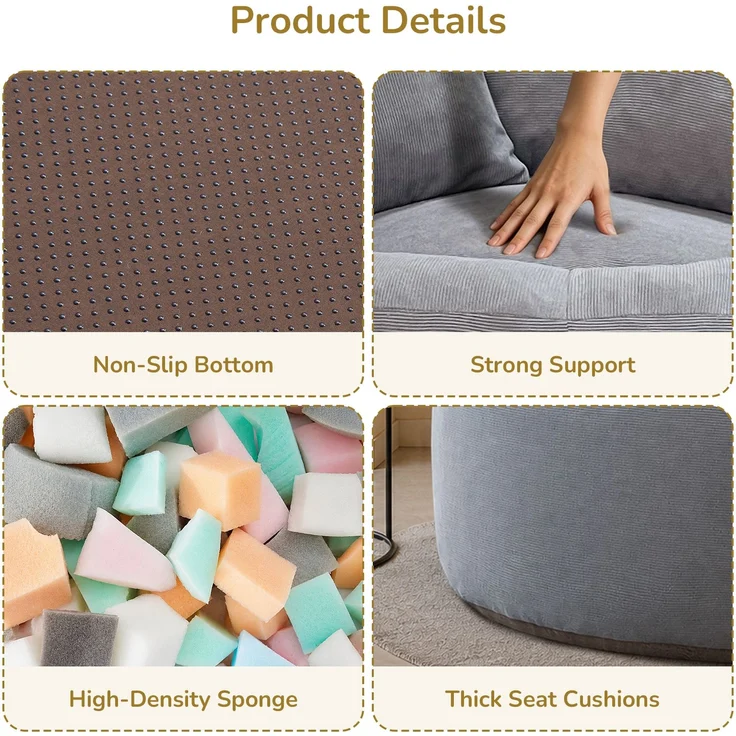 Übergroßer runder Sitzsack, gepolstert mit Cord, tiefe Sitzfläche, einzelnes Wolken-Lounge-Sofa für Wohnzimmer, Schlafzimmer, Wohnung – Herde – 120 x 120 x 65 cm – YOUDENOVA – Bild 7