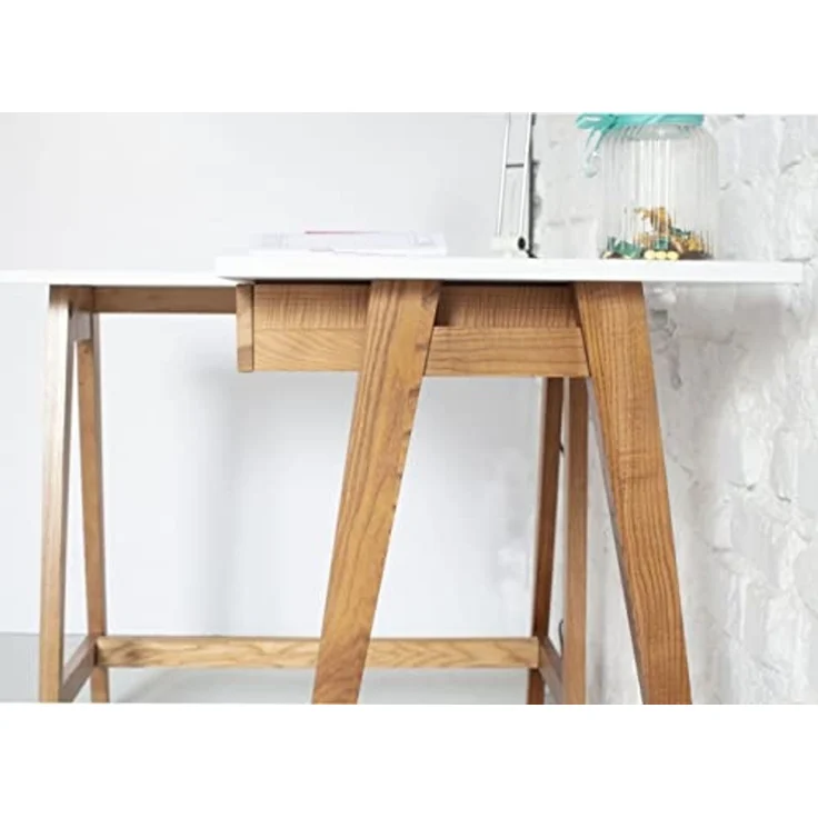 Ragaba Eckschreibtisch mit 2 Schubladen und Fußstütze, MDF & Massives Eschenholz Eichenbeize, 135x85 cm, Salbei Grün, Rechts – Bild 6