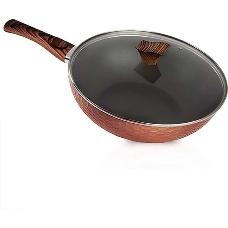 KVOTA Wok Pfanne abnehmbarer Holzoptik-Griff Deckel Ø32cm Antihaft Groß 4,7L, Aluminium, Außenseite mit temperaturbeständiger Beschichtung – Bild 4