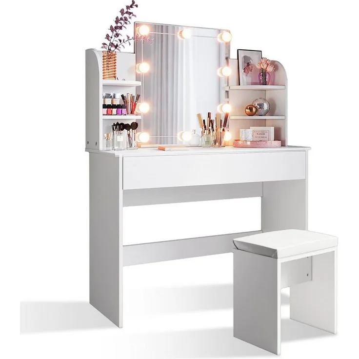 SONNI Schminktisch Schminktisch mit LED-Beleuchtung/ohne LED, weiß, Frisiertisch, weiß, Frisiertisch mit Spiegel 1080x400x1400mm