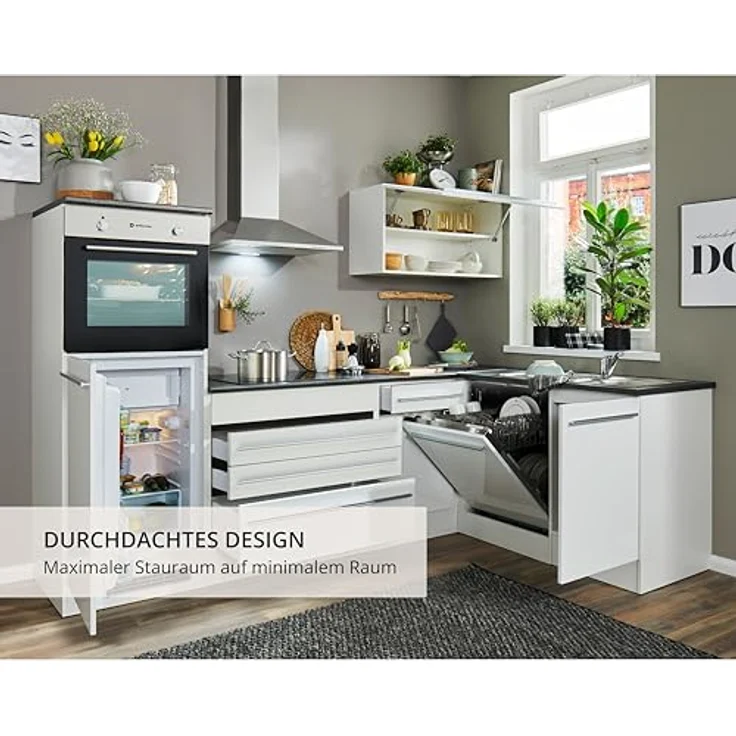 Jazz 6 Moderne Eckküche ohne Elektrogeräte in Weiß Hochglanz, Metallic Grau - Geräumige Küchenzeile in L-Form mit viel Stauraum - 260 x 200 x 60 cm (B/H/T) – Bild 9