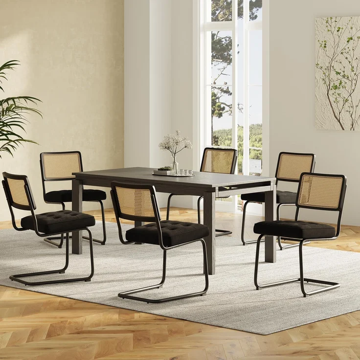 COLAMY Rattan Esstischstühle 6er Set, Samtbezug mit Metallgestell, Schwarz – Bild 1