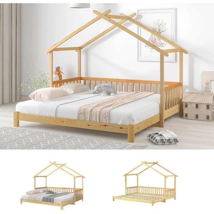 Erweiterbares Hausbett 208x182x170 ausziehbares Kinder- und Tagesbett, reines Massivholz (Kiefer), wandelbar als Einzel- und Doppelbett, natur – Bild 8