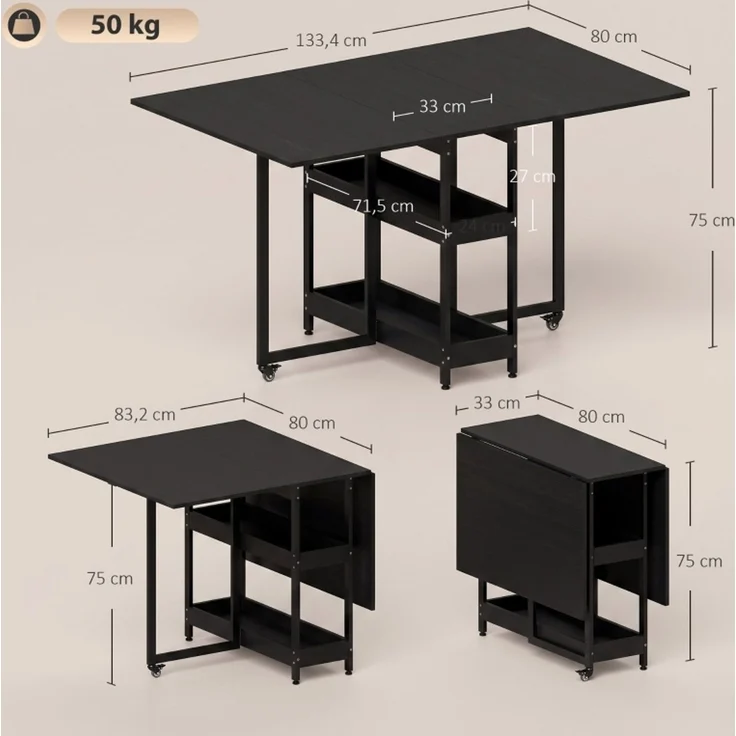 JARDJ Klappbarer Esstisch im Industriedesign, für bis zu 4 Personen, offene Regale, flexibel, Metall, Spanplatte, Schwarz – Bild 3