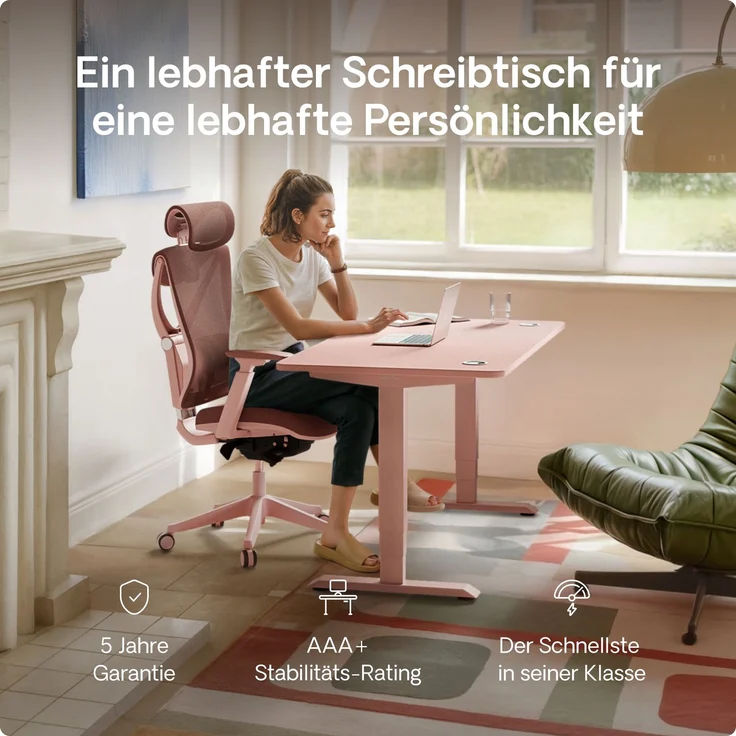 Desktronic HomePro Elektrisch höhenverstellbarer Schreibtisch 140x70cm Weiß/Rosa mit Memory-Funktion, Anti-Kollisions Technologie, USB-A und USB-C-Ladeanschlüssen – Bild 2