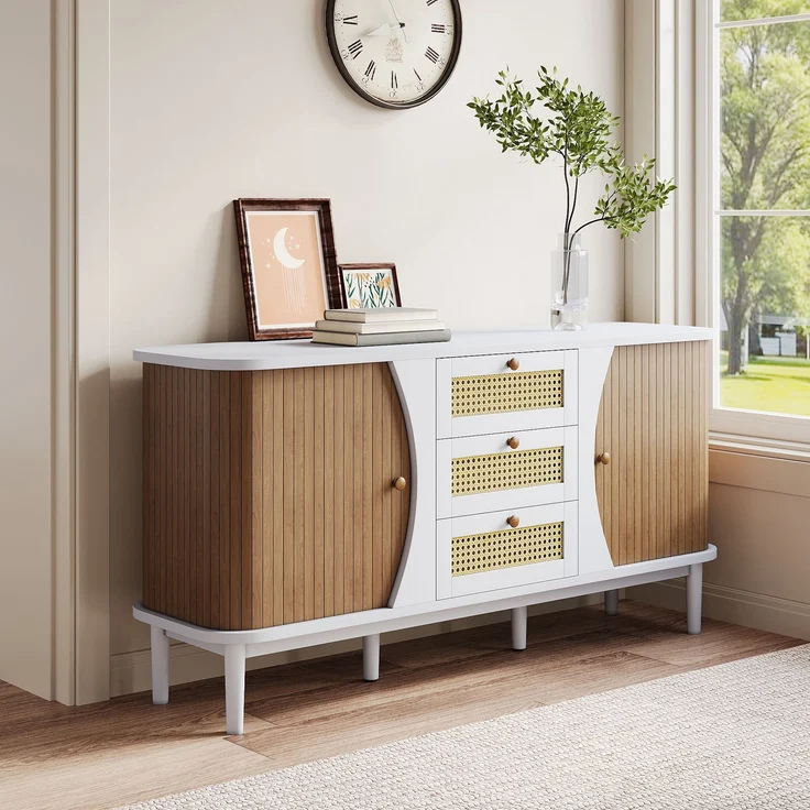 Merax Sideboard, Rattankommode, Kommode mit Schiebetüren, verstellbaren Einlegeböden, gewölbter Platte – Bild 3