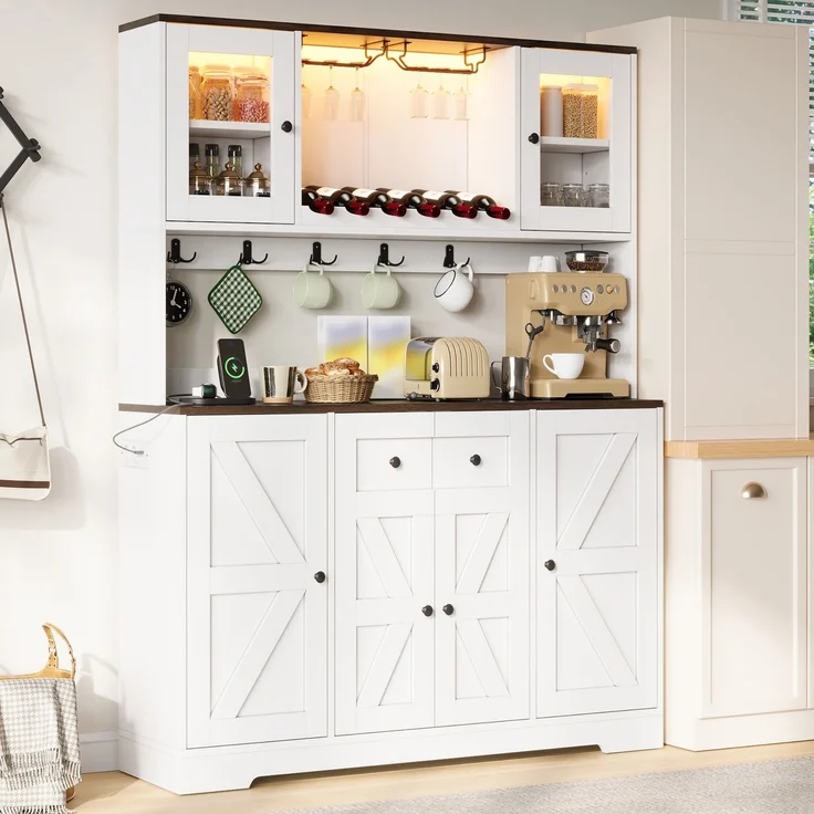 Küchenschrank, hoher Schrank mit LED-Beleuchtung und Steckdosen, Vorratsschrank mit Acrylglastüren, Weinregalen und Weinglashaltern, Vitrinenschrank für Wohnzimmer & Esszimmer, 140 × 40 × 173 cm--Weiß--140x40x173cm--YOUDENOVA – Bild 2