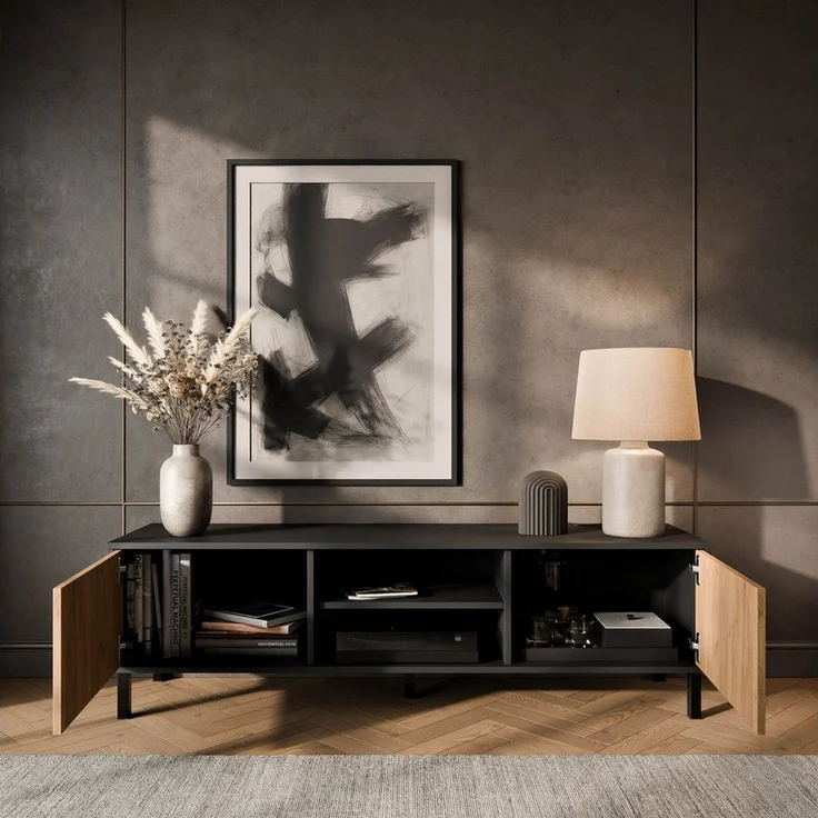 Planetmöbel TV-Schrank Liora TV Board, Lowboard 150 cm lang, TV Kommode (für Fernseher bis 65 Zoll, 1-St, Fernsehtisch für Wohnzimmer, viel Stauraum) Fernsehschrank mit zwei offenen Fächern – Bild 3