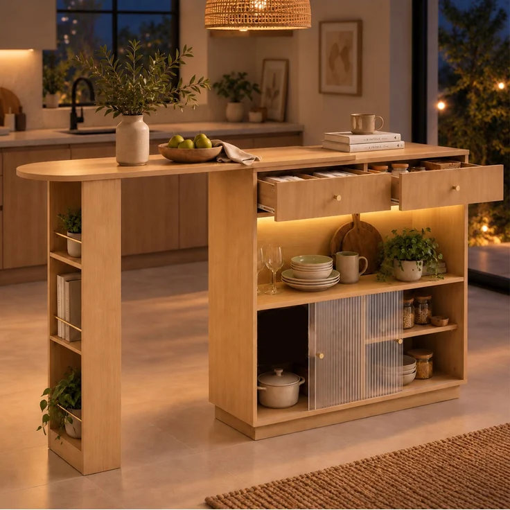 Bartisch aus Spanplatte, 360° drehbar mit Stauraum, 183x30x100 cm, Eichenfarbe – Bild 2