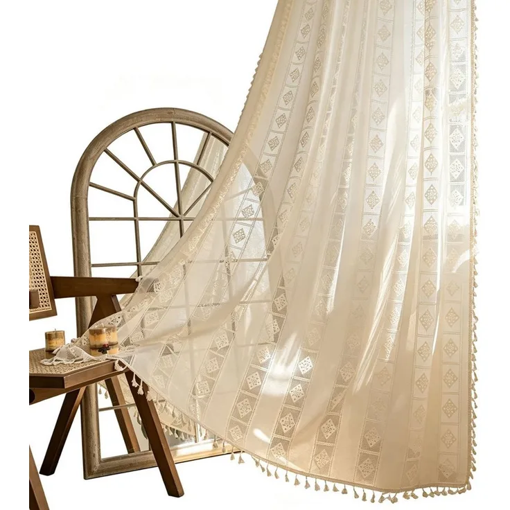 Diwzbyn Vorhang Beige Boho-Vorhang, halbtransparenter Vorhang mit Fransen, geeignet für die Wohn- und Schlafzimmerdekoration