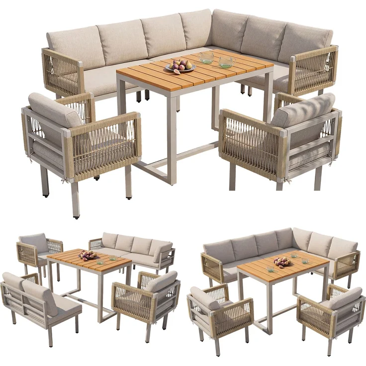 Merax 6-teiliges Gartenlounge-Set, Ecksofa mit 2 Sesseln & Tisch, wetterfestes Stahlgestell, Seilgeflecht-Design, Outdoor Lounge für Balkon & Terrasse, Beige – Bild 10