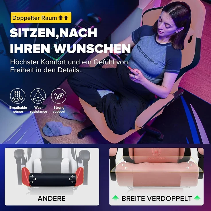 GTPLAYER Gaming Stuhl, Gamer Stuhl, Ergonomischer Bürostuhl COMHOMA Serie mit Fußstütze verstellbare Lenden und Kopfkissen, Gaming Chair Gepolstert, Gaming Sessel 150kg Belastbarkeit weiß – Bild 3