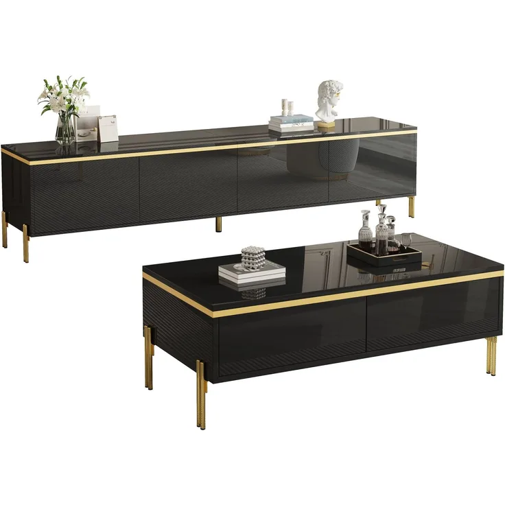 EINHOM Modernes Luxus-TV-Schrank- und Couchtisch-Set, Hochglänzende Oberfläche in Unifarbe, Goldene Kanten, Großzügiger Stauraum