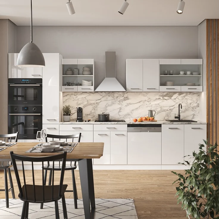 Küchenzeile R-Line Weiß Hochglanz/Weiß 350 cm mit Hochschrank, ohne Arbeitsplatte Vicco – Bild 4