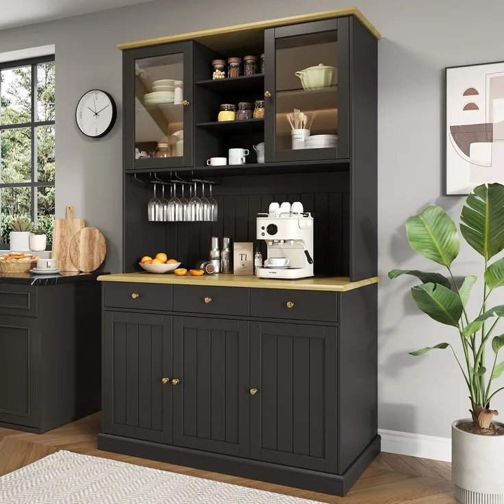 Buffetschrank 120 x 40 x 191 cm in Schwarz mit Glastüren, Schublade, Gläserhalter und Steckdosen