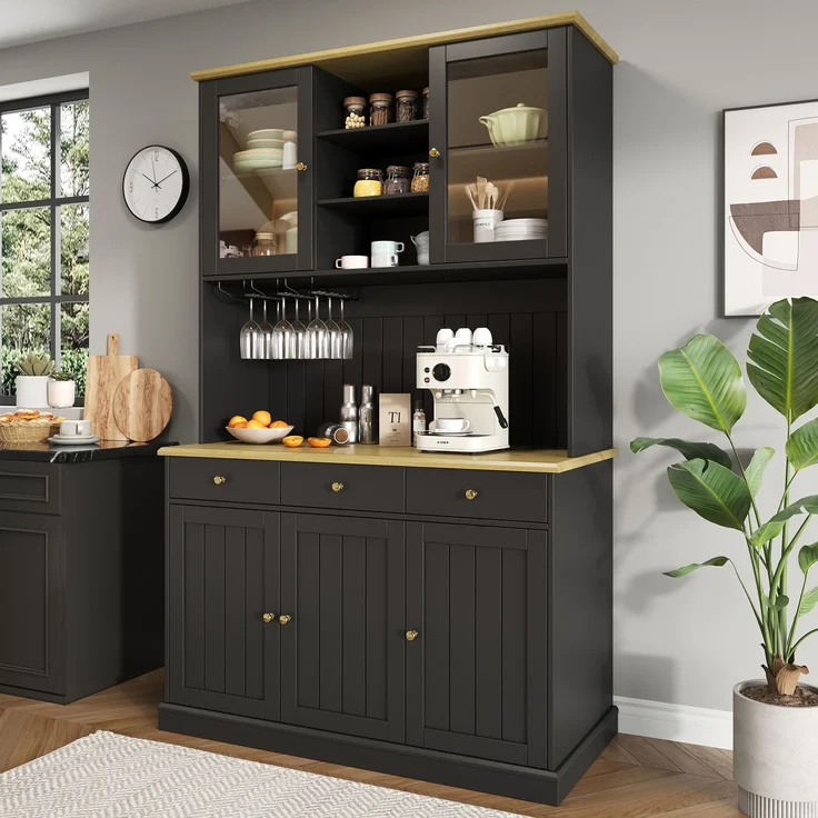 Buffetschrank 120 x 40 x 191 cm in Schwarz mit Glastüren, Schublade, Gläserhalter und Steckdosen – Bild 1