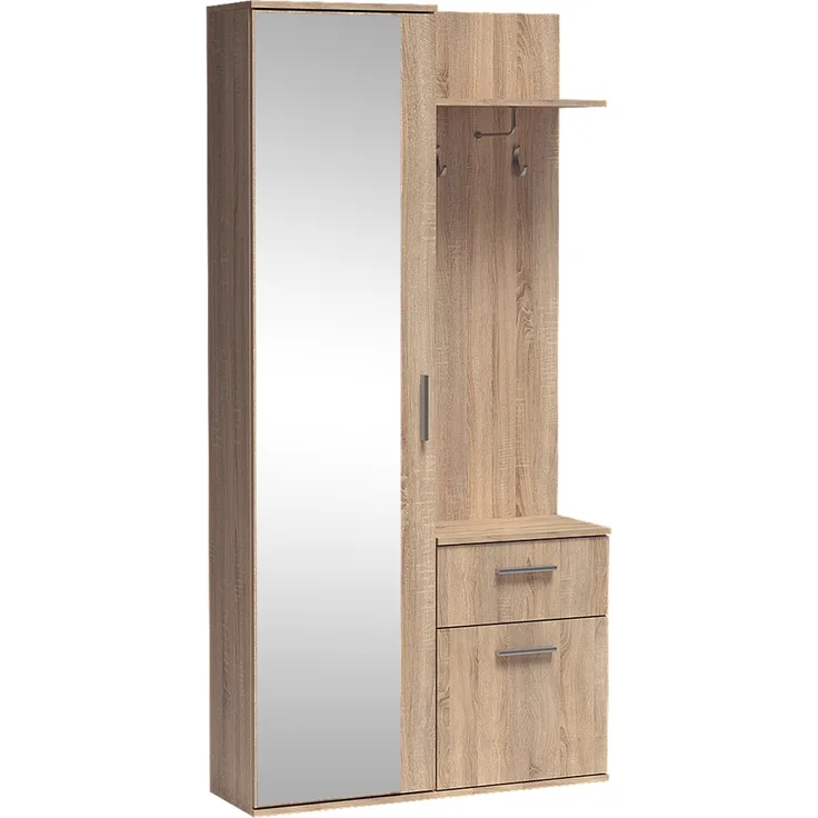 MEBLINI Garderobenschrank Flur mit Spiegel - LUXOR - 97x30x195cm R/L - Sonoma Eiche - Garderobe Schrank - Flurgarderobe schmal - Garderobe Flur Möbel Set - Flurschrank hoch