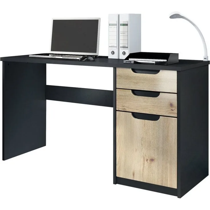Vladon Schreibtisch Logan, Bürotisch mit 2 Schubladen und 1 Tür, Schwarz matt/Eiche Nordic (129 x 76 x 60 cm)