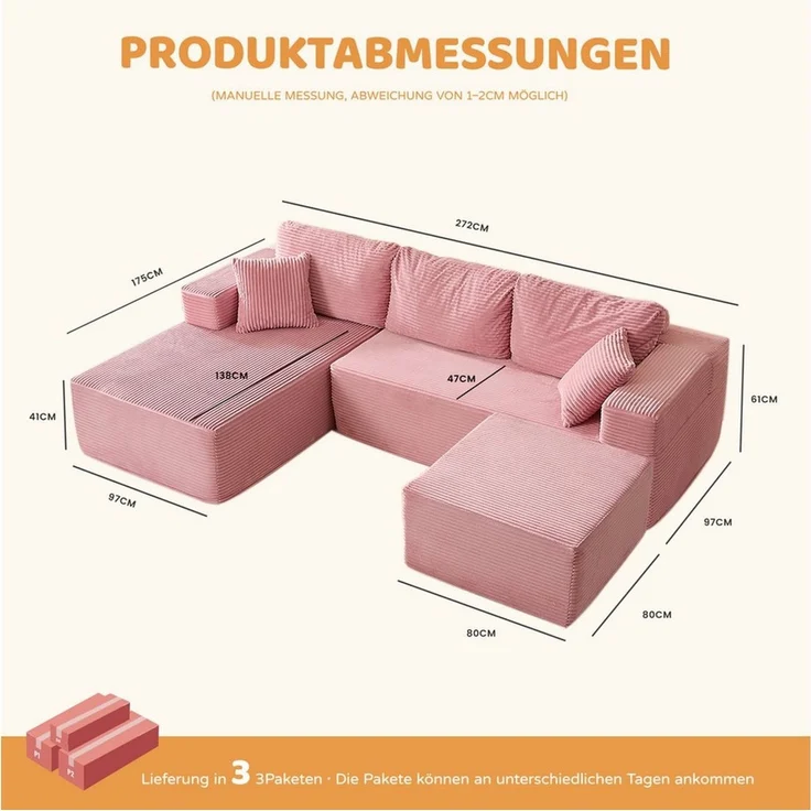 LITBIRD Ecksofa U-förmig 272 x 175 x 61 cm, modulares Oversize-Schlafsofa, montagefrei, mit Recamiere, extra tief sitzend, als Schlafsofa nutzbar – Bild 2