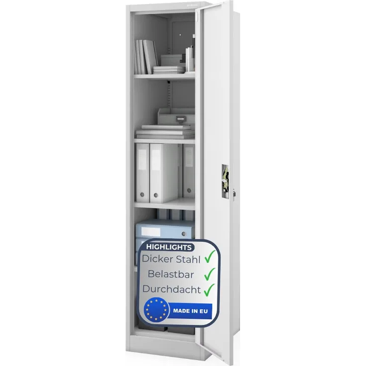 Aktenschrank abschließbar KADO - 5 Ebenen verstellbar, Flügeltüren | Metallschrank Werkstatt Mehrzweckschrank Büroschrank aus Stahl Werkzeugschrank, 185 x 45 x 60 cm Grau