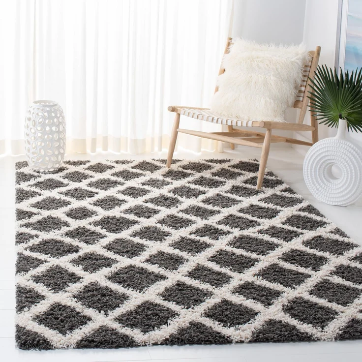 SAFAVIEH Zottelig Teppich für Wohnzimmer, Esszimmer, Schlafzimmer - Dallas Shag Collection, Hoher Flor, Dunkelgrau und Elfenbein, 91 X 152 cm