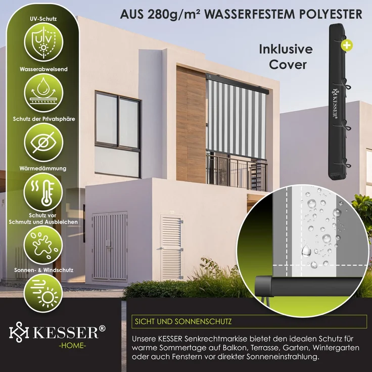 KESSER® Senkrechtmarkise Außenrollo Handkurbelmechanismus Balkonrollo Sonnen & Sichtschutz Beschattung Sonnenschutz Außen Rollo mit Kurbel Markisenkasten Balkon & Terrasse Inkl. Montageset & Abdeckung Grau / Weiß, 200 x 250cm – Bild 6