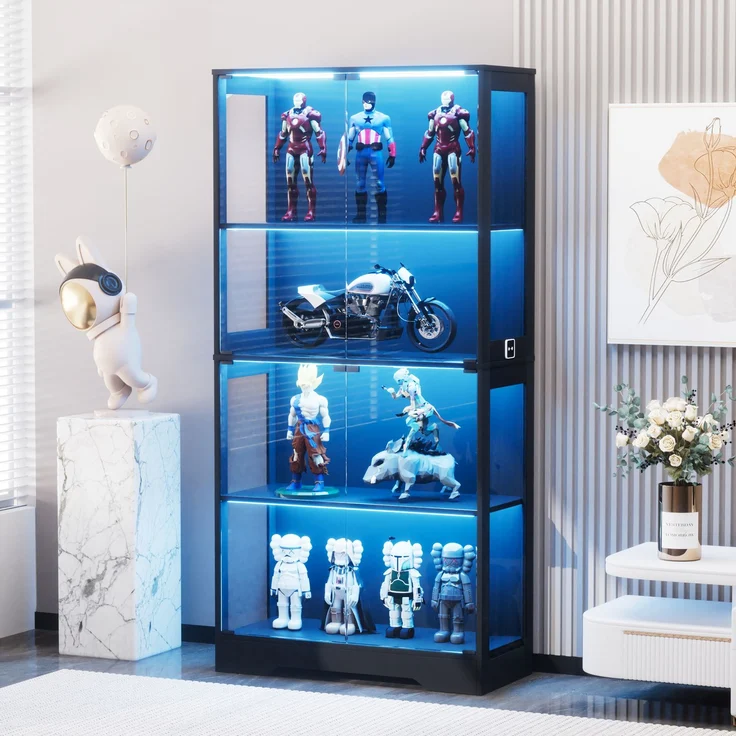 Vierstöckige Glasvitrine mit Stauraum, LED-Beleuchtung, Glastüren und intelligenten Sensoren, Als Glasvitrine für Wohnzimmer, Schlafzimmer und Büros geeignet, Schwarz--Schwarz--80x35x165cm--YOUDENOVA – Bild 1