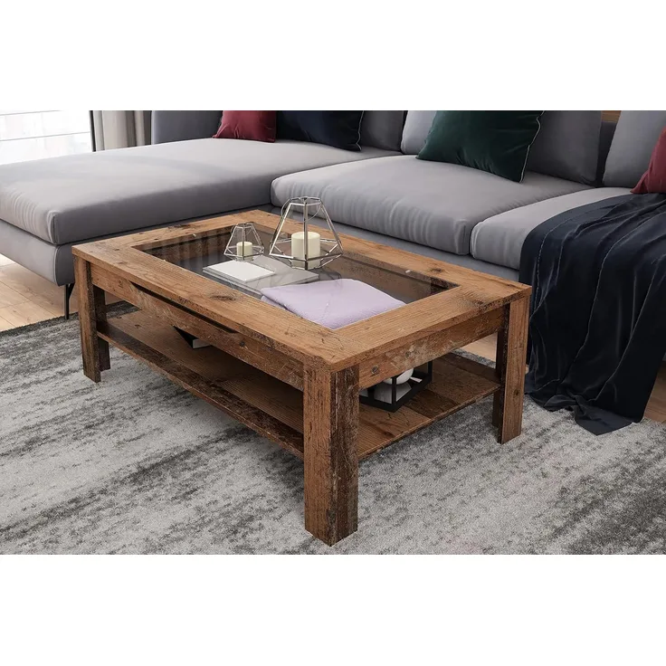 byLIVING Couchtisch RALPH / moderner Sofatisch mit Glaseinlage und großzügiger Schublade in Old Wood-Optik / Beistelltisch mit viel Stauraum / B 110, H 43, T 67 cm