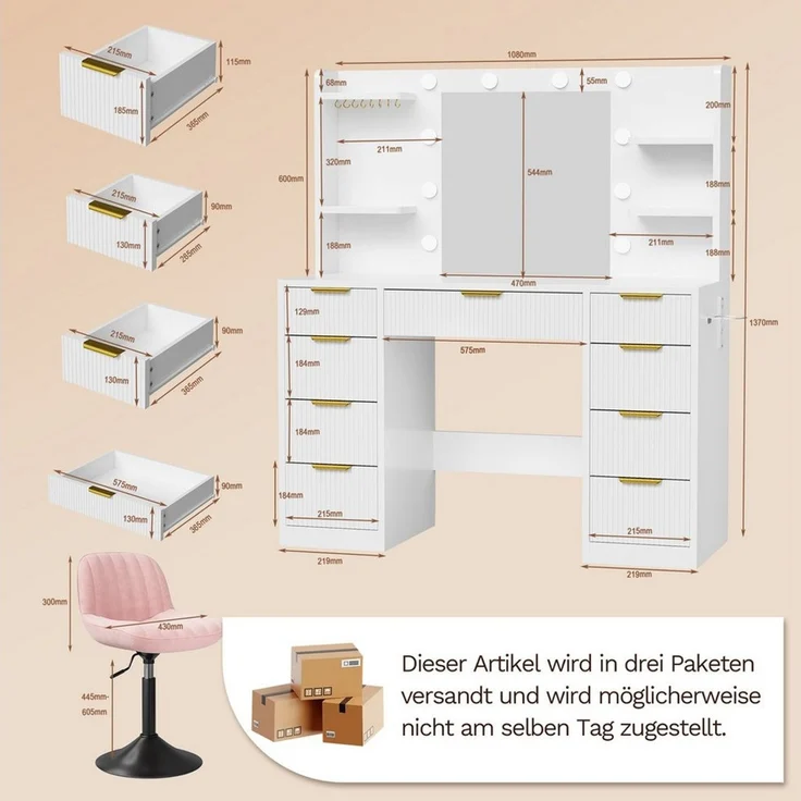 HOMALL Schminktisch LED-Beleuchtung, optional als Set mit Hocker erhältlich (Maße: 108 × 40 × 137 cm, 6 offene Ablagefächer, mit Schmuckhaken, 9 Schubladen, ausgestattet mit 1 USB-Anschluss, 1 Ladeanschluss, 2 Steckdosen und 1 Föhnanschluss, weiß-schwa... – Bild 2