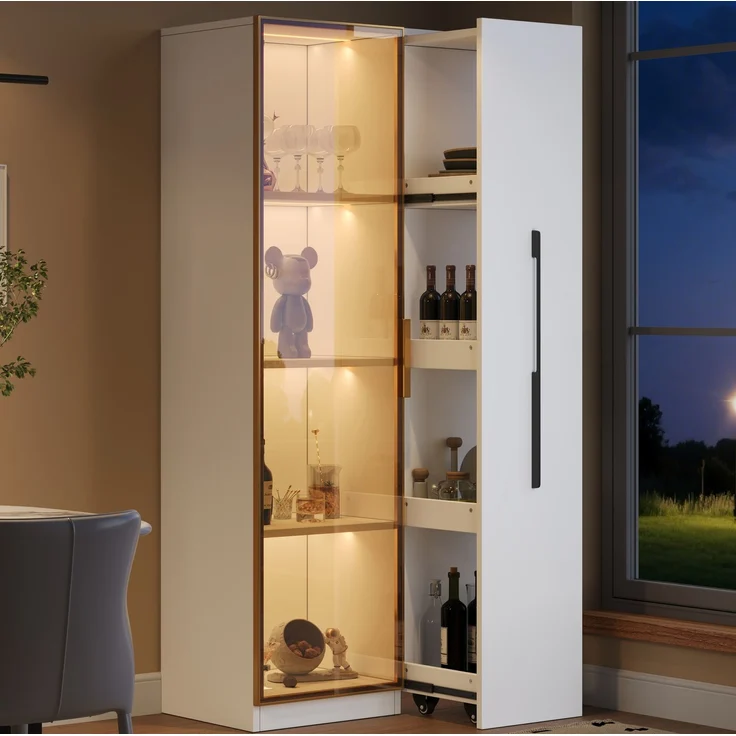 Vitrine 70 x 40 x 160 cm in Weiß mit Glasfront, LED-Beleuchtung und seitlichem Auszug – Bild 2