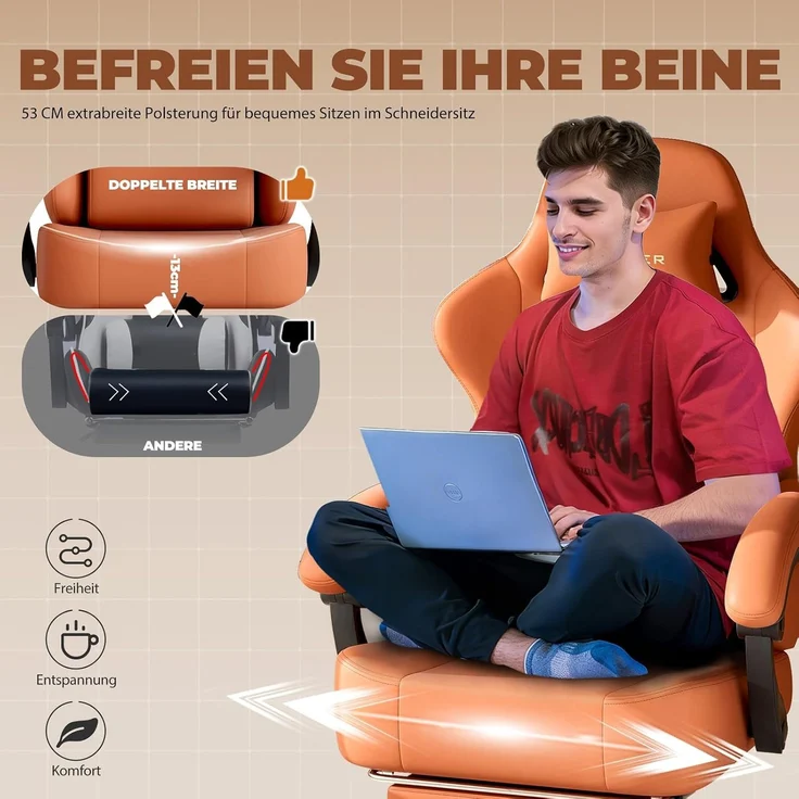 GTPLAYER Gaming Stuhl, Atmungsaktiver Bürostuhl,bürostuhl ergonomisch, Hochwertiger - Kunstleder,Ergonomischer PC Stuhl, 160° Verstellbare Rückenlehne und ausziehbare Fußstütze,Tragkraft 180 kg,Orange – Bild 9