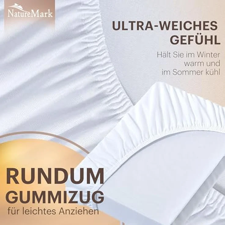 NatureMark Jersey Spannbettlaken, Spannbetttuch 100% Baumwolle, ÖKOTEX Standard 100, elastischer Rundumgummi, 140 x 200 cm - 160 x 200 cm, weiß – Bild 5