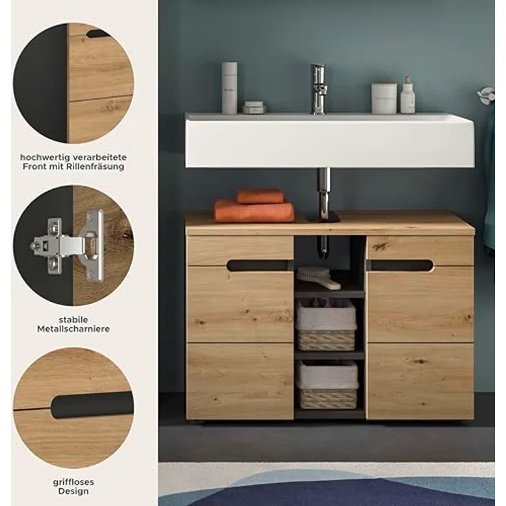 Xonox Canu Waschbeckenunterschrank (B/H/T: 80x55x34 cm) in Basalt grau Nachbildung und Artisan Nachbildung – Bild 6