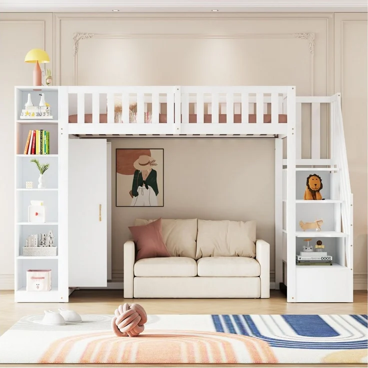 Odikalo Kinderbett Hochbett Jugendbett 90x200 mit Stauraum (Multifunktionales Hochbett 90x200 cm mit Regalen, Stauschrank und großem Kleiderschrank, Sicherheitsleiter mit Ablagefächern, Grau + Rohholzfarben) – Bild 1