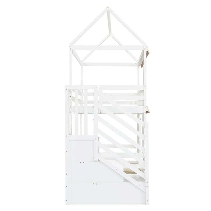 ZUBALIYA Etagenbett, Kinderbett, Hausform, Seitlicher Stauraumschrank mit Leiter, 2 Schubladen, Dekorative Holzfenster und Zierleisten, Kiefer+MDF, Weiß+Natur, 90x200 cm, Natur / Weiß – Bild 21